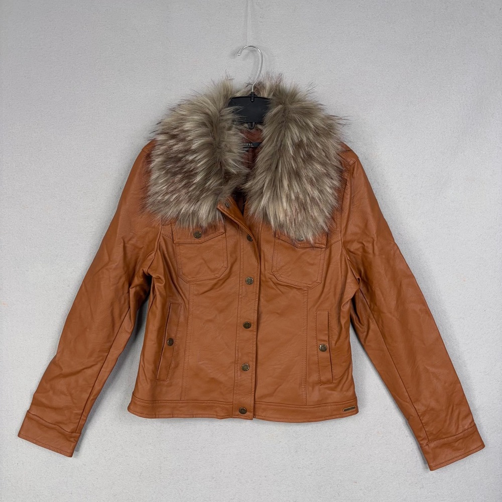 GUESS Jacket Women Large Brown Faux Fur Collar Faux Leather Moto Glam Biker
